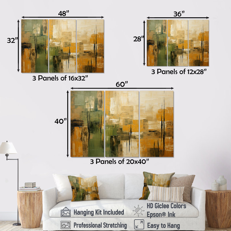 «Green Beige Wild Essence Collage I», art mural tachisme, H 32 po x l 48 po x P 1 po, Toile tendue