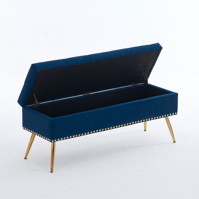 Banc repose-pieds en velours avec rangement, Marine, H 18 po x l 46 po x P 15,5 po