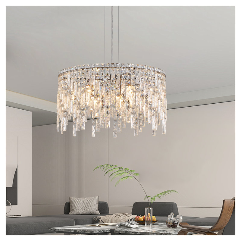 Luxueux lustre rond en cristal argenté de 24 po, luminaire suspendu contemporain en chrome pour la salle à manger et le salon