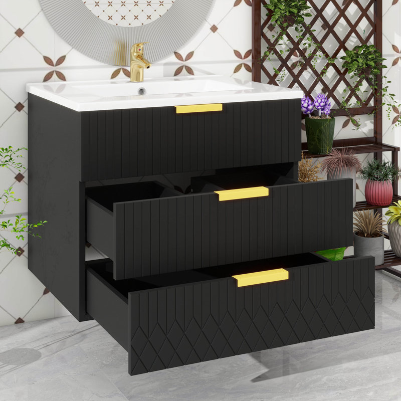 Armoire murale suspendue 24 po avec tiroir double, meuble-lavabo rectangulaire flottant avec trou de robinet simple et trop-plein, conception moderne avec lavabo en céramique