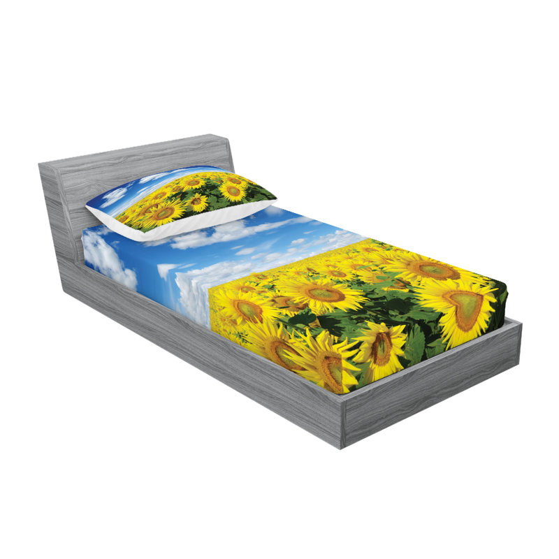 Ambesonne Sunflower Fitted Sheet & Pillow Sham , Blue Green Yellow, Twin Sheet Set + 2 Pillowcases