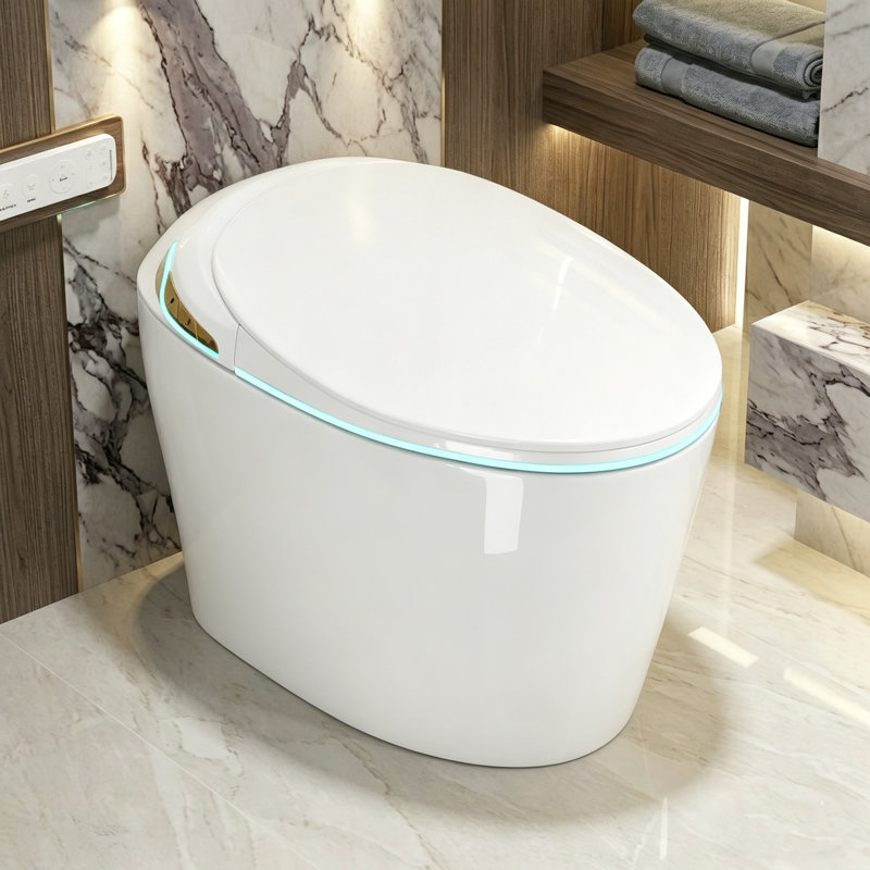 Toilette intelligente avec bidet, pile de secours, couvercle à ouverture / fermeture automatique, siège chauffant, eau chaude instantanée, chasse d'eau avec capteur de pied, télécommande, affichage à DEL