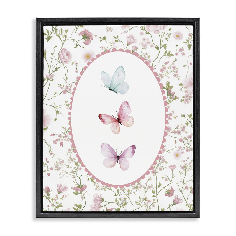 Cadre flottant délicat avec fleurs et papillons, design par Christine Simpson Art, Cadre flottant noir de jais