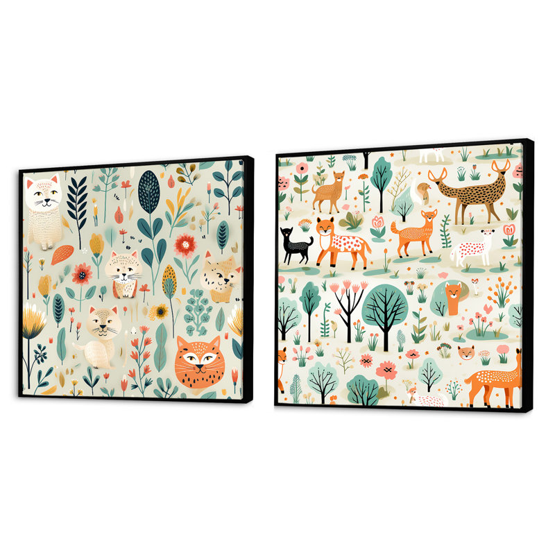 Watercolor Fox Explorer - ensemble de 2 animaux carrés, Cadre flottant noir, H 30 po x l 61 po