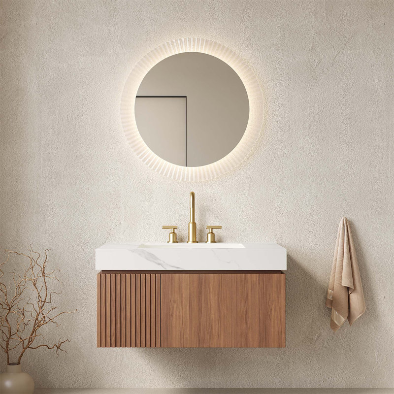 Meuble-lavabo de 36 po avec comptoir en pierre frittée, vasque en céramique et armoire de rangement en contreplaqué flottant, pré-assemblé avec tiroir et porte