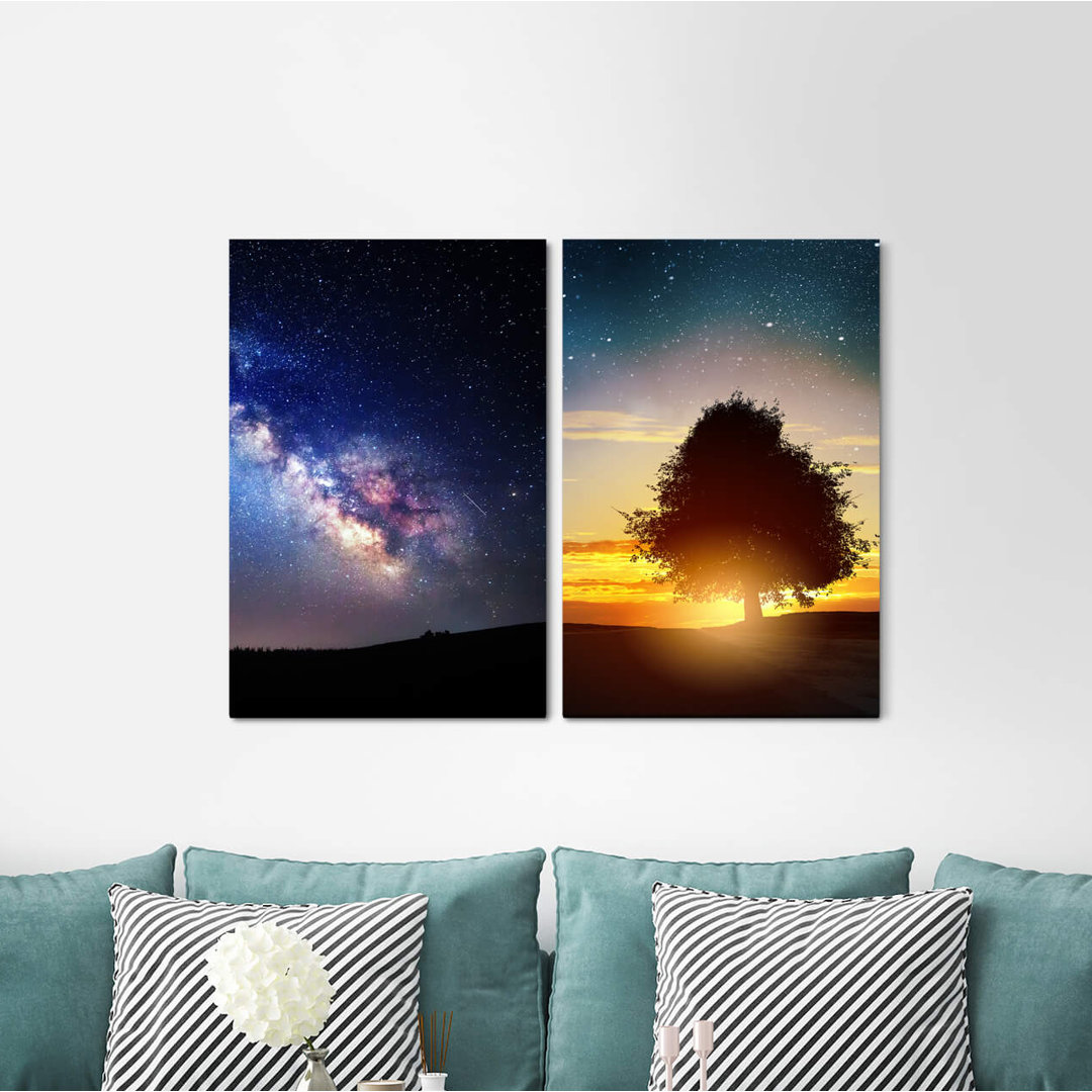 2-tlg. Leinwandbilder-Set - Grafikdruck „Summer Night Starry Sky Milky Way Tree Universe Sunset”