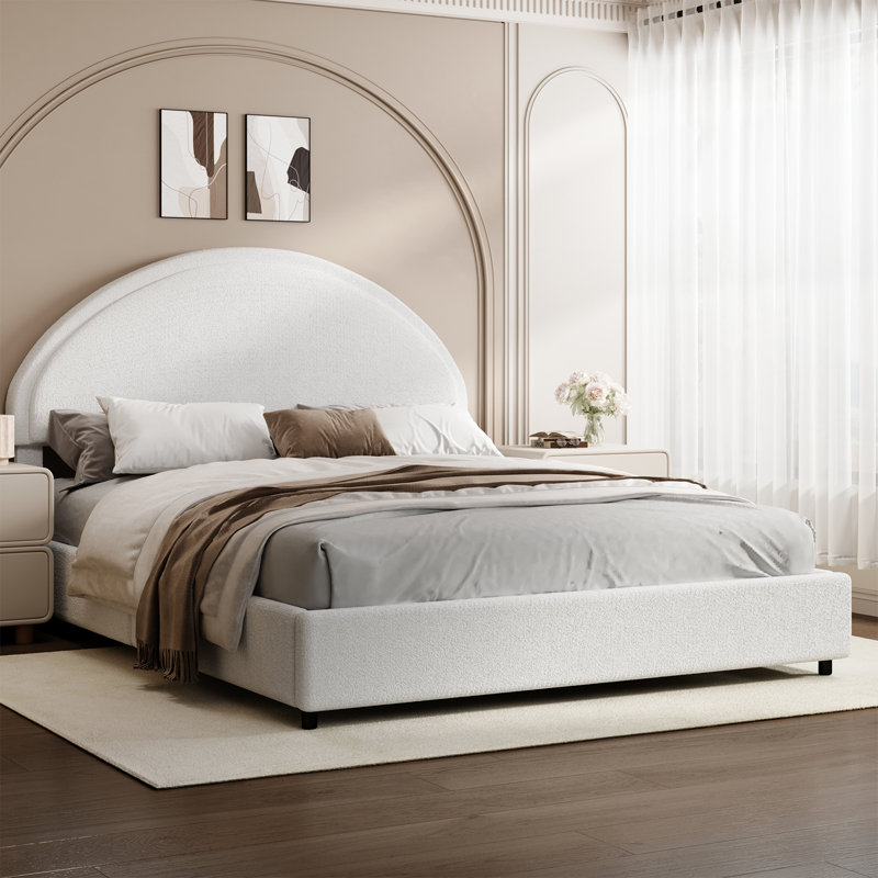 Bensu Luxury Curve-Shaped Headboard Bed Frame, Elegant Boucle Upholstered Platform Bed with Modern Design, White, Queen