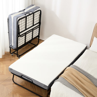 Lit simple de 38 po x 75 po avec 5 matelas en mousse à mémoire de forme, pliable pour adultes, cadre, sommeil confortable, support à colonne vertébrale haute résistance à roulettes, couvre-lit lavable