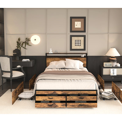 Brown Queen-Size Bed Frame With 8 Storage Drawers, Led Headboard Charging Option, Metal Platform, No Box Spring, Quiet, Stable, Mandarin Chocolate