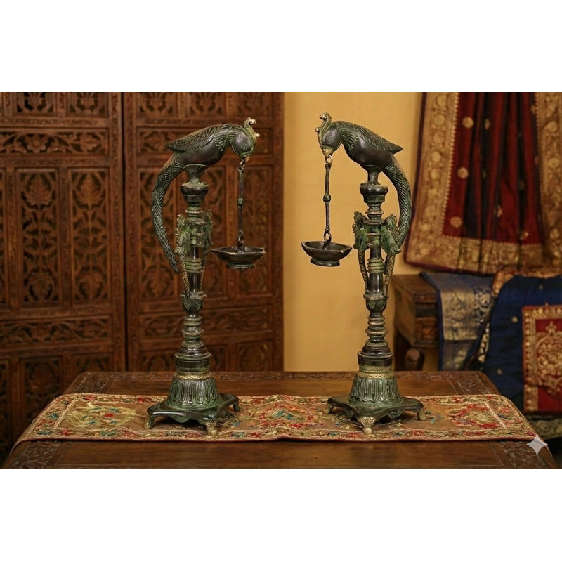 Handmade 16-Inch Brass Pair of Parrots Lamp – Bhadradeepam Five-Wick Ritual Diya with Green & Black Patina, Artisan Hindu Worship & Decorative Accent