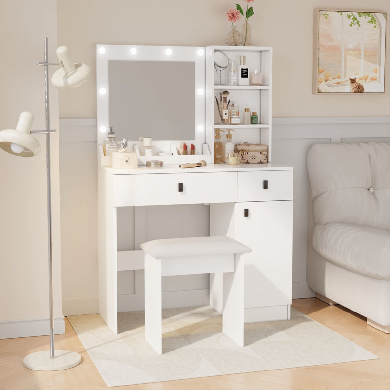 White Vanity With Lights And 2 Drawers - Modern Bedroom Design Spacious Storage Adjustable Brightness Mirror Desk Makeup Area