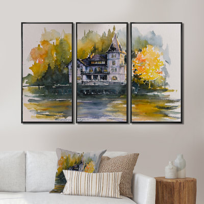 «Castle by The Lake with Autumn Trees», reproduction sur toile flottante 3 pièces