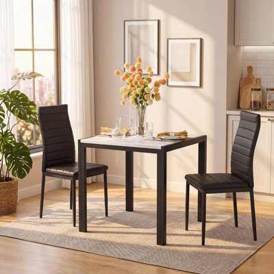 Ensemble de table de salle à manger 3 pièces de style moderne, table de cuisine carrée en faux marbre avec 2 chaises rembourrées en polyuréthane pour petits espaces
