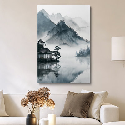 Minimalist Japandi Ink Wash Mountain Landscape Framed Canvas Art  40*28inch- Living Room Decor