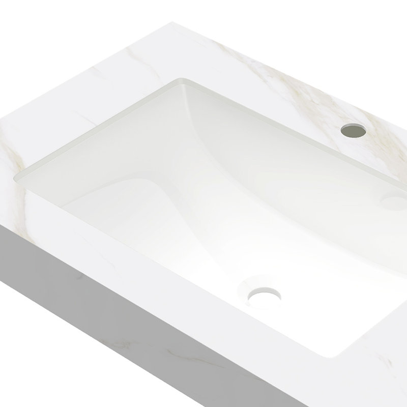 Comptoir en pierre frittée dorée de 30 pouces avec lavabo encastré en céramique Calacatta pour meuble-lavabo de salle de bain