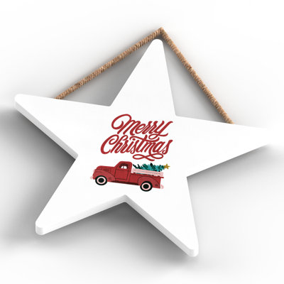 Xmas Merry Christmas Truck Wooden Star Plaque
