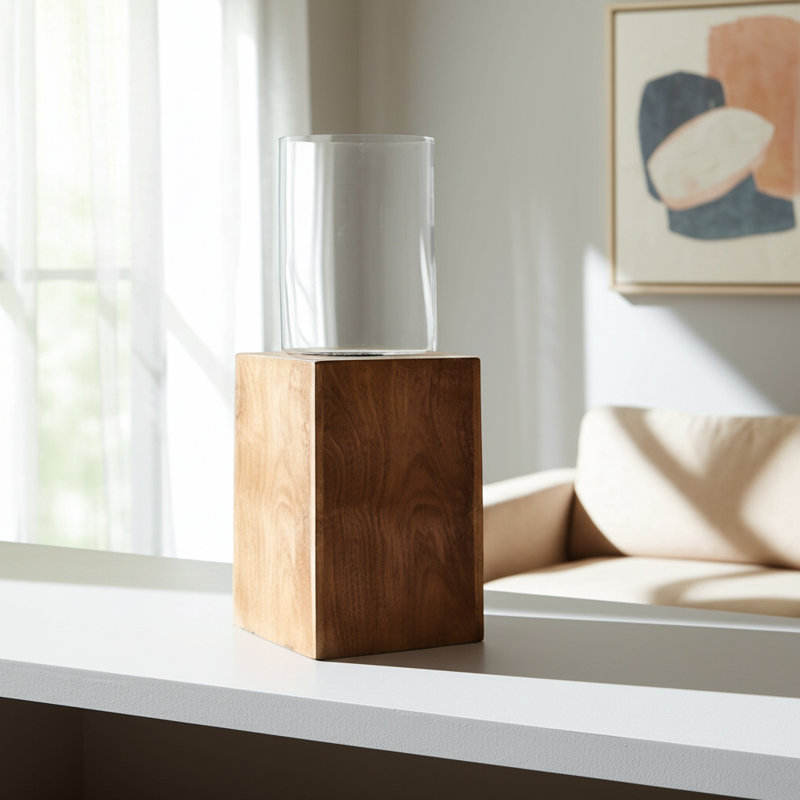 Natural Wood Solid Color Square Base Pillar Hurricane Candleholders, 15" H x 6" W x 6" D
