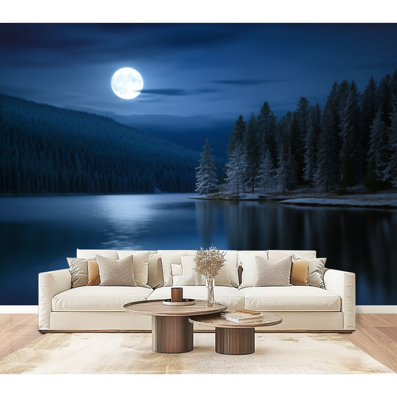 Papier peint auto-adhésif Pez and Stick Forest Lake Pine Trees Reflection Night Peaceful Landscape, L 96 po x l 69 po