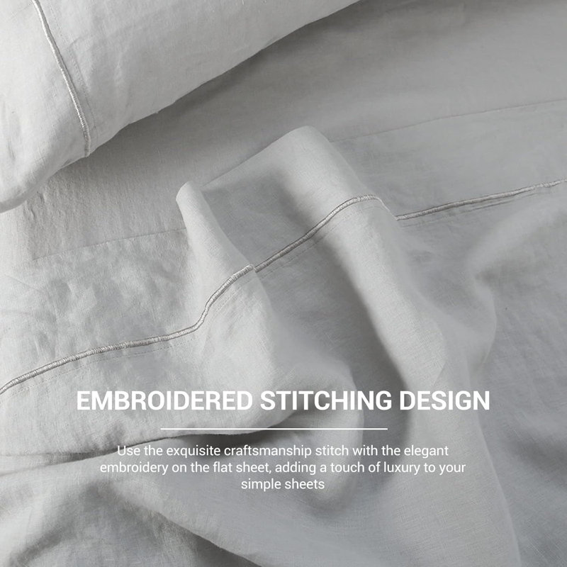 Linen Flat Sheet With Embroidered Border-Stone Washed Flax Bedding, King Size Bed Flat Sheet Only