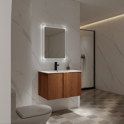 Meuble-lavabo mural avec lavabo, finition ébène brun, portes à fermeture en douceur