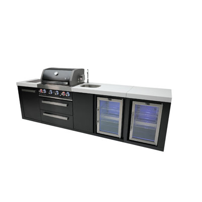Îlot de cuisine d'extérieur en acier inoxydable noir l 120 po x P 23 po x H 46 po Mont Alpi avec 2 réfrigérateurs + robinet et évier combinés + gril barbecue à 4 brûleurs + comptoirs en granite + rangement + ensemble de rôtisserie + couvercle + g