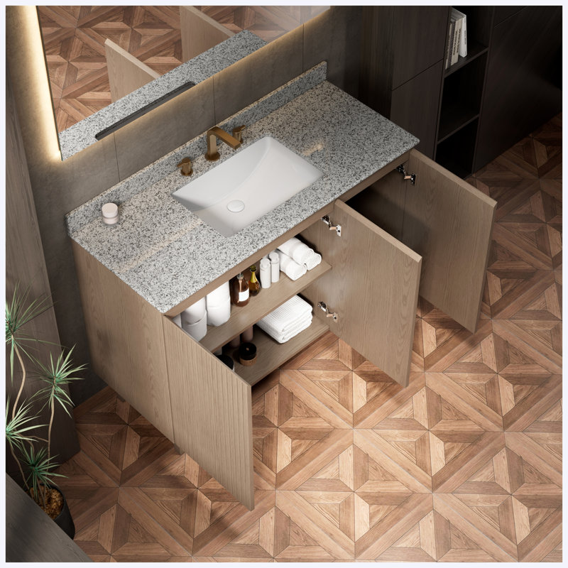 Meuble-lavabo autoportant Heidelberg 48 po à motif bois avec lavabo, comptoir en granit naturel, lavabo en céramique et 3 trous pour robinetterie (robinet et bonde non inclus).