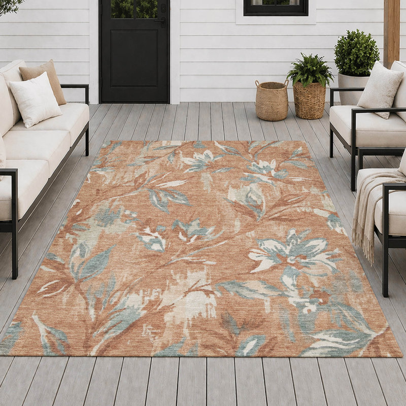 Tapis floral intérieur / extérieur lavable à la machine Chantille ACN2951, Terracotta, 8' x 10'