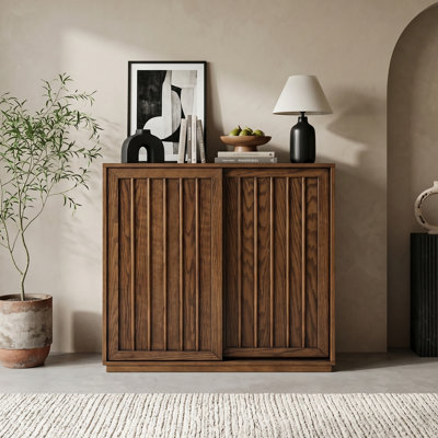 31.5" Mid-century Sideboard With 2 Sliding Doors , Brown Storage Cabinets For Living Room & Dining Room