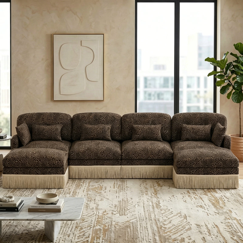 Modern Modular Leopard Print Chenille Sofa With Tassel Fring & Lumbar Pillows, Brown Chenille