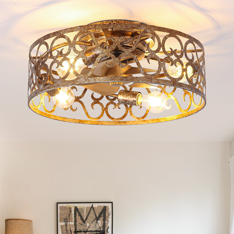 Ventilateur de plafond encastré doré vieilli 4 lumières avec télécommande APP et rétro Vintage 18 "