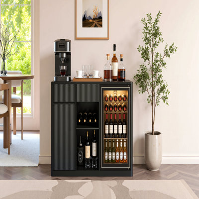 51" Fluted Bar Cabinet with Fridge Space (Fridge Not Included), Modern Coffee Station with Charging Hub & Wine Glass Rack, Buffet Sideboard for Home Beverage & Liquor Storage.