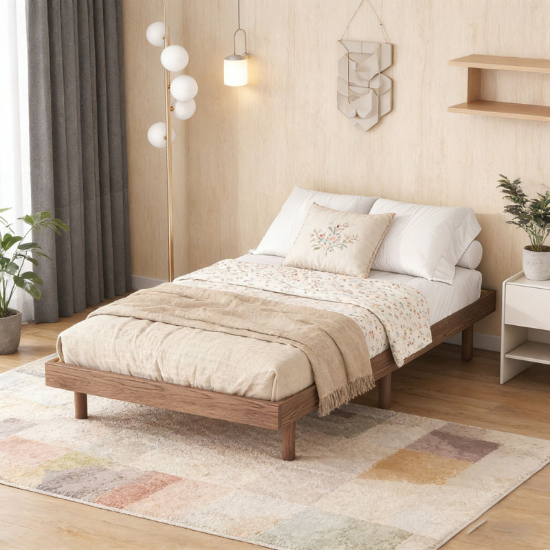 Base de lit plateforme moderne flottante, Noyer, Lit simple