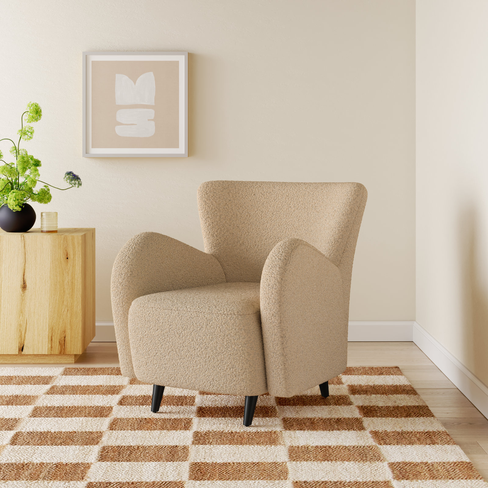 Bowie Upholstered Armchair, Light Brown Faux Lambs Wool