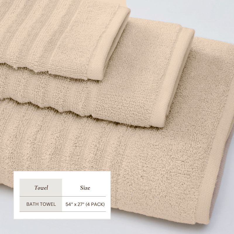 100% Zero-Twist Cotton Ribbed Hand Towels (Set of 6), Dune, Bath Towels - 4 Pack