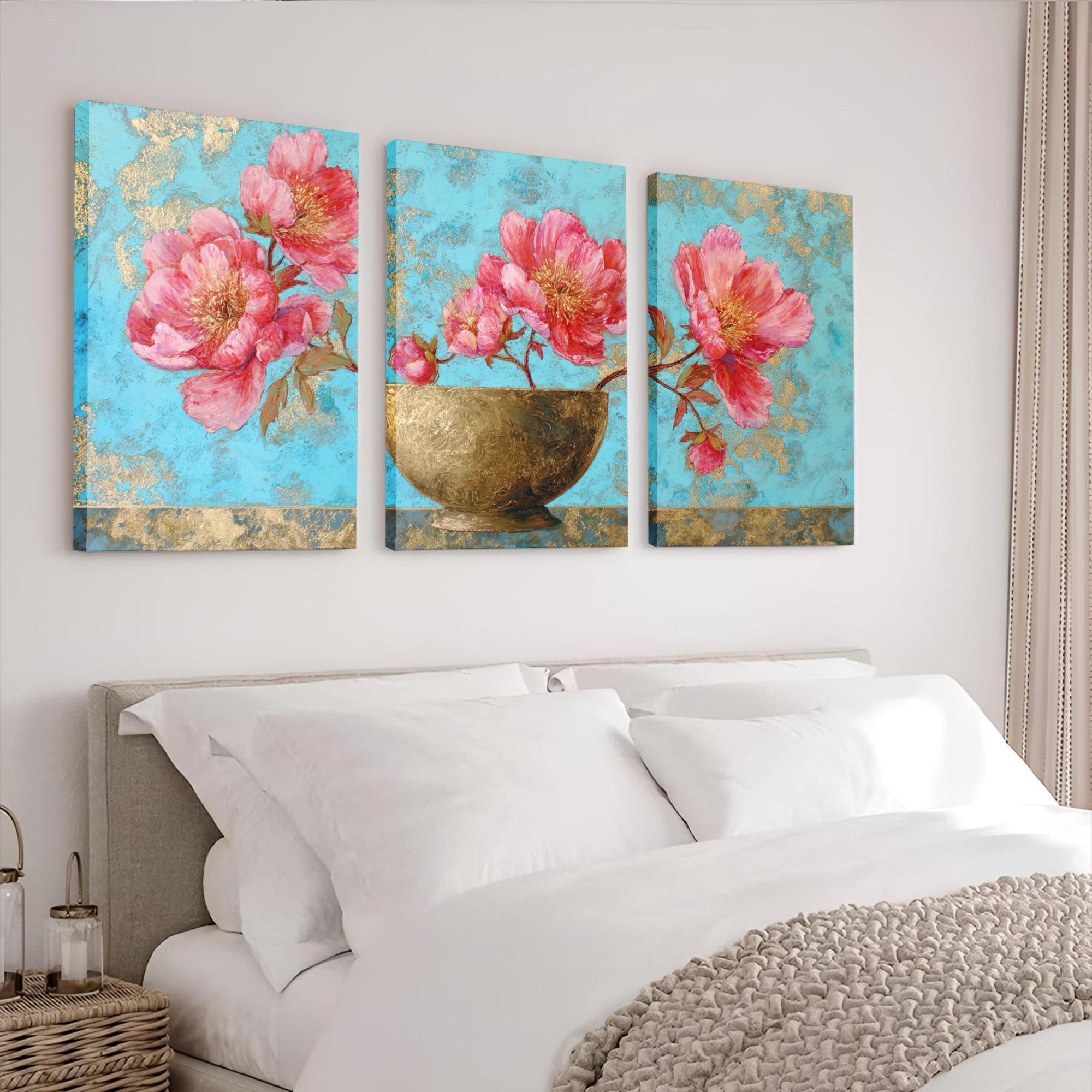 Winston Porter Peony Flowers in Gold Vase Canvas Wrapped Wall Art Oil ...