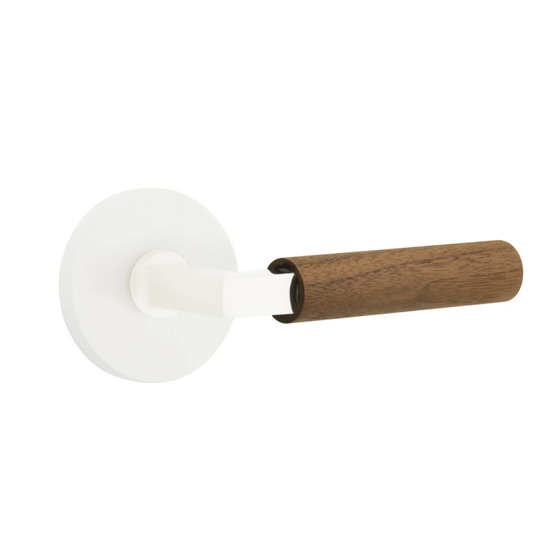 Ensemble de leviers de passage Emtek Select avec rosette à disque et tige carrée en L, poignée en noyer foncé (CF), Blanc mat
