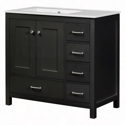 Meuble-lavabo 36 po avec lavabo en céramique, armoire de rangement abondante, 2 portes à fermeture douce et 5 tiroirs