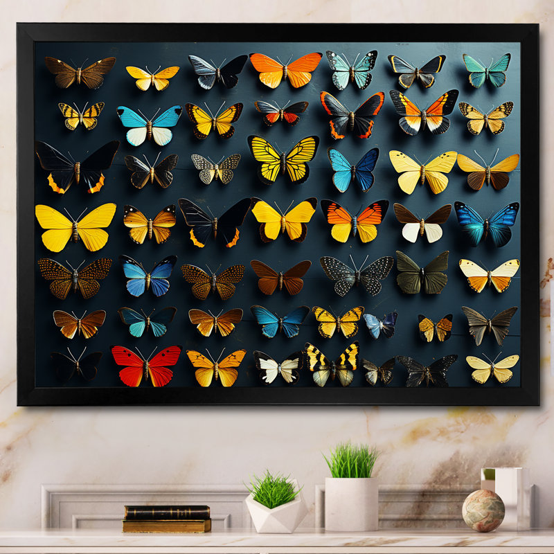 Collage de papillons colorés flottants - impression sur toile de papillons pour salon, Cadre d'angle fermé noir