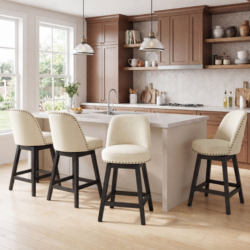 Swivel Yes Upholstered Bar Stool with Solid Wood Frame, Beige, 4