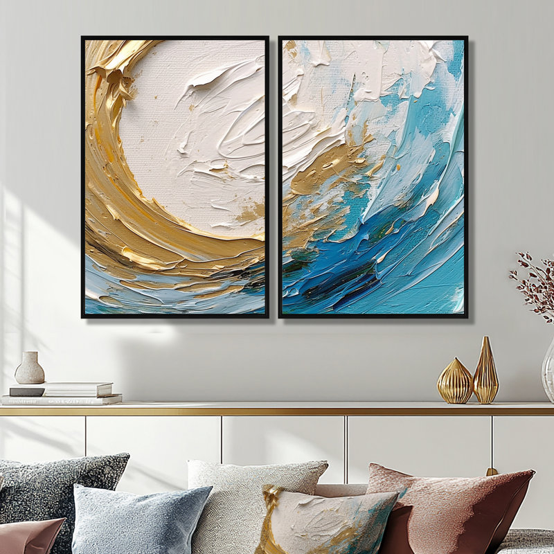 Nébuleuse spirale dorée et turquoise - Spirales abstraites sur toile, 2 panneaux, H 36 po x l 48 po, Noir