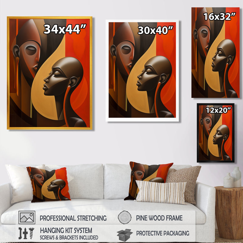 Rétro minimaliste double ébène profil I - femme moderne, art mural salon, Toile tendue, H 44 po x l 34 po x P 1,5 po