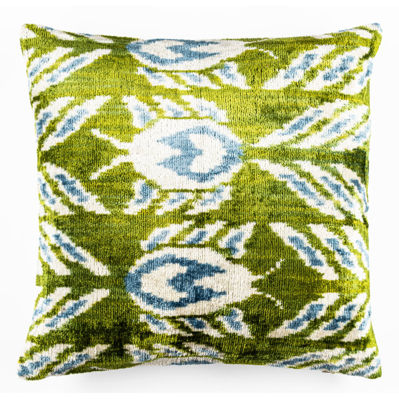 Handmade 16X16 Velvet Throw Pillow – Green, Blue, And White Ikat Pattern With Down Insert For Boho-Chic Deco