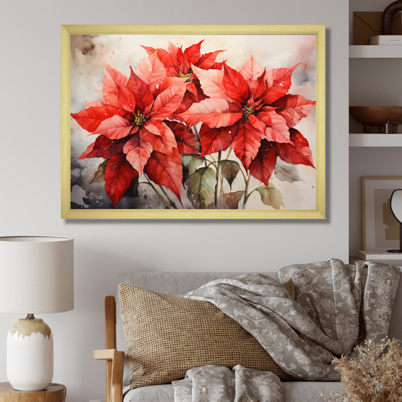 Fleur de poinsettia rétro sur toile, H 16 po x l 32 po x P 1 po, Cadre doré à une seule photo