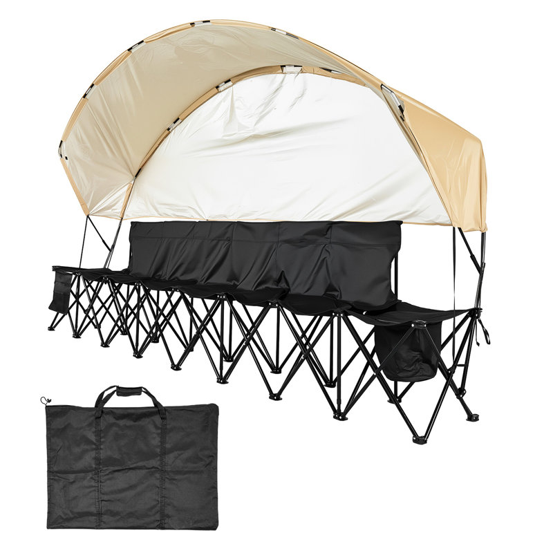 Banc pliable pour 6 personnes avec parasol, compartiments de rangement, porte-gobelets et protection tout autour, structure stable pour le sport, poches pour personnes portatives légères, conception confortable