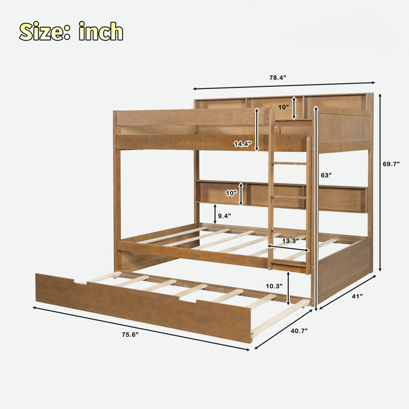 Lit superposé avec lit gigogne et rangement intégré, Simple sur simple, Bois antique