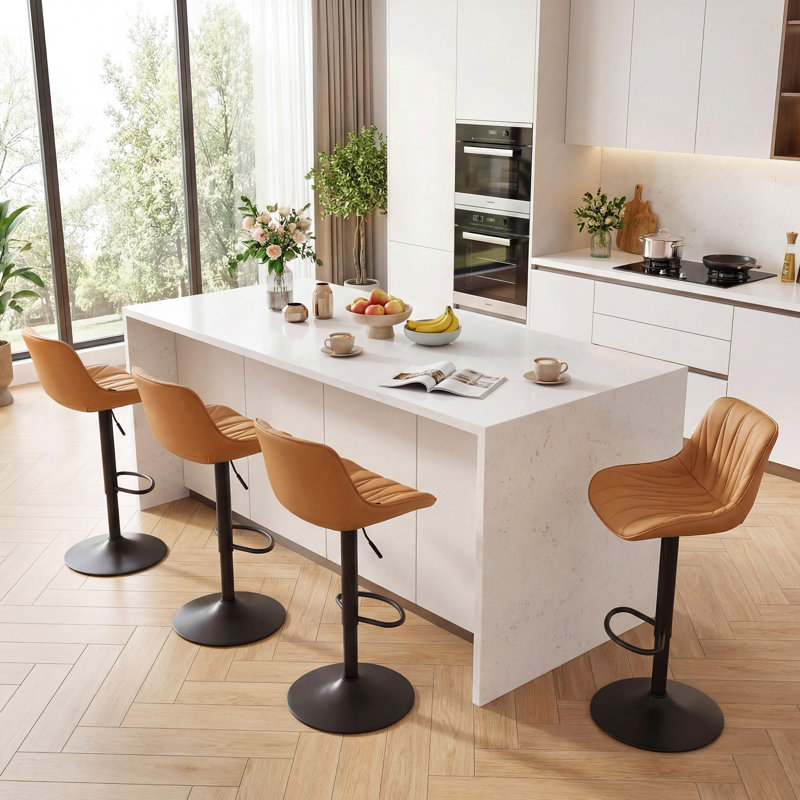 Modern Height Adjustable Swivel Bar Stools Upholstered Leather Barstool Kitchen Island Chairs With Metal Frame, Tan
