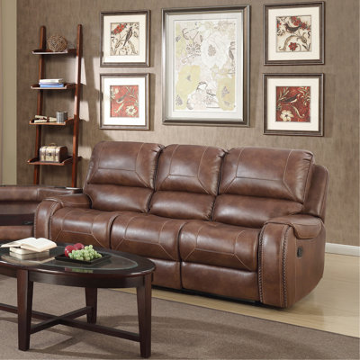 Achern Brown Leather-Air Nailhead Manual Reclining Sofa With Storage Console And USB Port