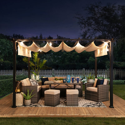 Sunjoy Naples Outdoor Pergola 9 x 12 ft. Patio Black Steel Frame Pergola with Retractable Beige Canopy Shade for Backyard