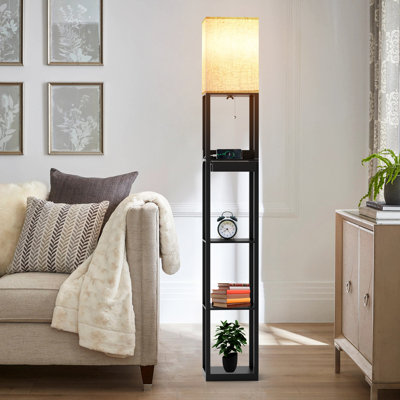 67" Column Floor Lamp with Shelves, Solid Wood, USB Ports, Storage Drawer and Bulb Included