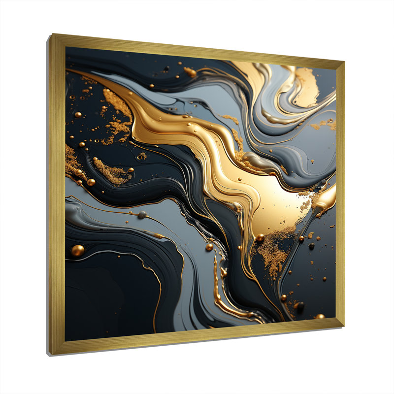 Or et gris Volcano Fusion I - décoration murale en marbre, Cadre doré simple, H 30 po x l 30 po x P 1,5 po